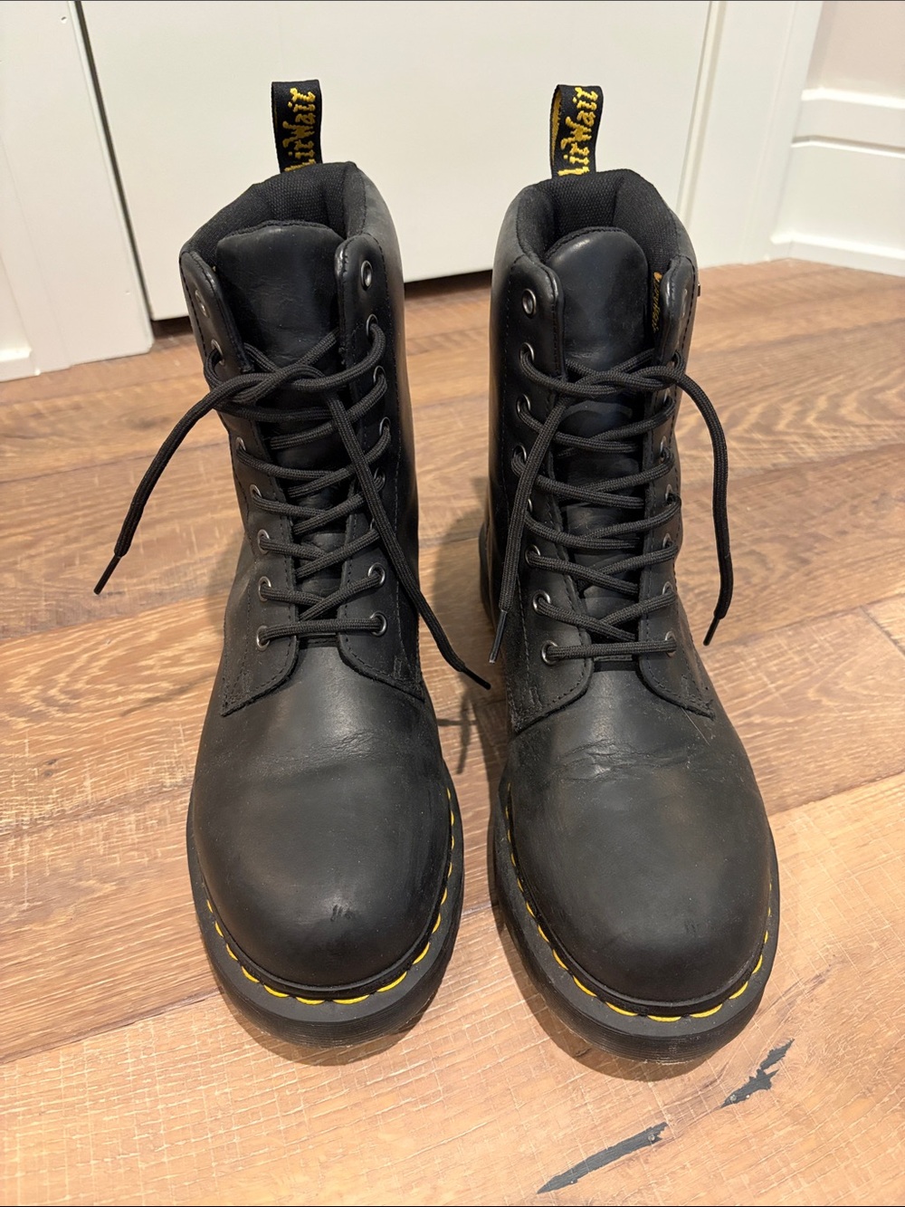 Dr. Martens Black Leather Lace-Up Ankle Boots with Yellow Stitching